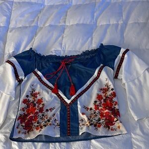 Blue and White Floral Off-Shoulder Top with Red Embroidered Trim